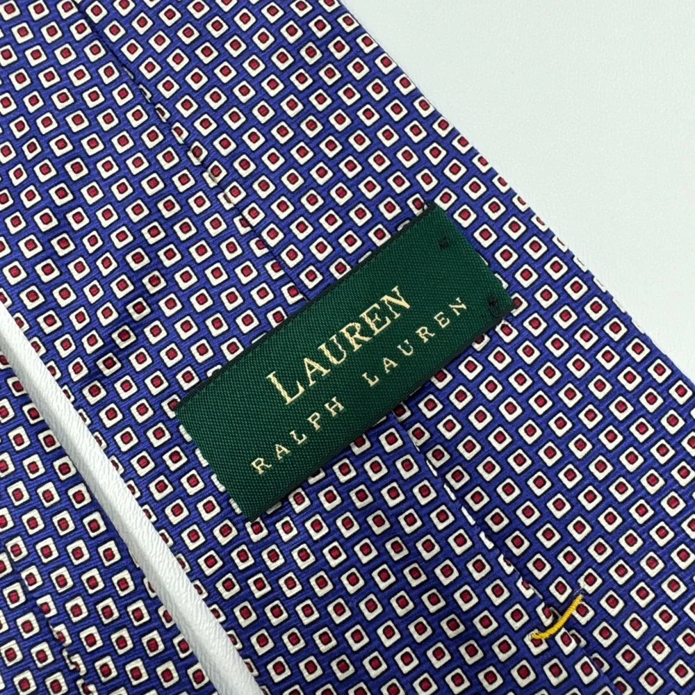 Ralph Lauren Mens Silk Tie Blue Red Geometric Square‎ Pattern Hand Finished